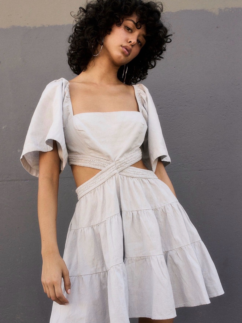 Free People Cream Puff-Sleeve Cutout Tiered Mini Dress